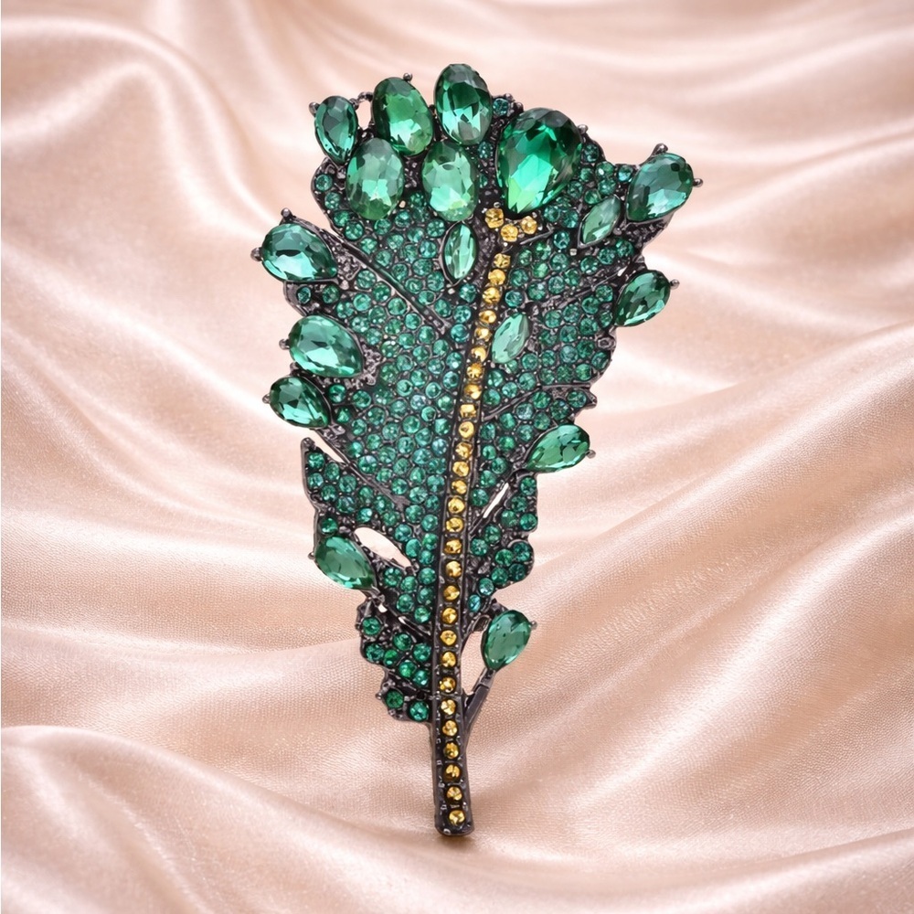 Emerald Crystal Leaf Brooch
